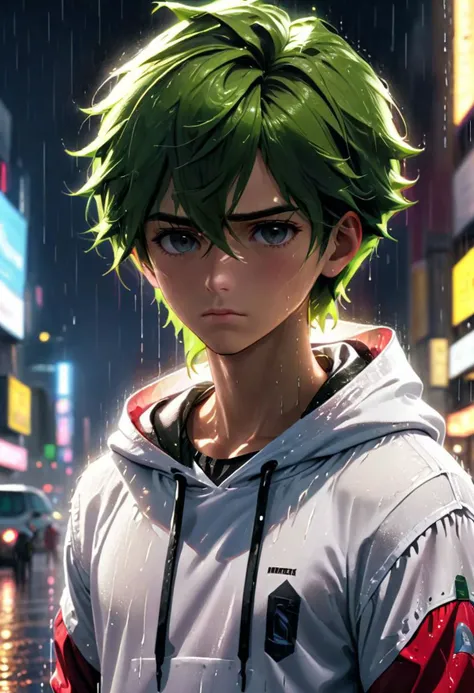 (masterpiece), ((ultra-detailed)), (highly detailed), (reallistic:1.2), hyperrealistic, octane render, dynamic lighting, intricate detail, cinematic, high resolution film still, 8k, HDR colors, high resolution photograph, cool face , sad boy, rain city background, white shirt hoodie, face focus, ultra high res, best quality, love sick