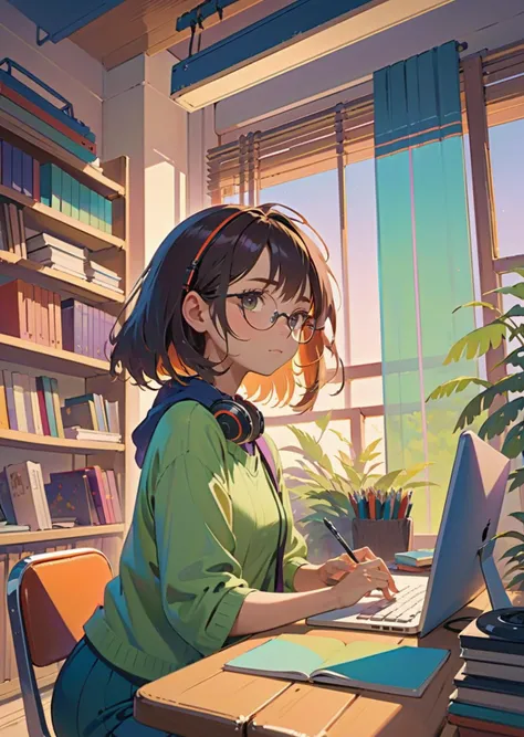 1girl reading glasses
headphone
desk study
studio lofi
anime
gradient
by James Gilleard Makoto Shinkai