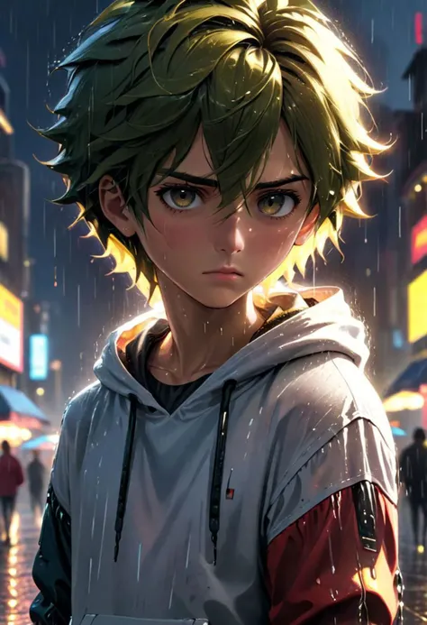(masterpiece), ((ultra-detailed)), (highly detailed), (reallistic:1.2), hyperrealistic, octane render, dynamic lighting, intricate detail, cinematic, high resolution film still, 8k, HDR colors, high resolution photograph, cool face , sad boy, rain city background, white shirt hoodie, face focus, ultra high res, best quality, love sick