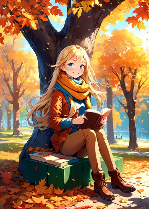 absurdres, highres, ultra detailed, 1girl, long blonde hair, blue eyes, freckles, (outfit:1.2), smiling, holding a cup of coffee, (mug:1.1), sitting on a park bench, surrounded by autumn leaves, (background:1.3), a squirrel peeking from behind the tree, (animal: 1.2), sunlight filtering through the trees, (light:1.1), a book open on her lap, colorful bookmark hanging out, (book:1.3), cozy scarf wrapped around her neck, (accessory:1.1), a gentle breeze blowing, (element:1.1).