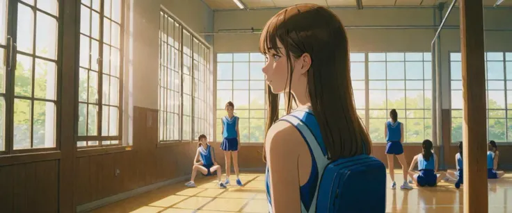 teen girl with sitting on sidelines, in gym class in japanese school, open doors in background, (summer day:0.5), light coming through windows