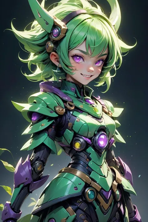 (Groundbreaking Digital Artwork:1.3) of (Detailed illustration:1.3) of ((A cunning trickster with shapeshifting abilities and a mischievous grin. Trickster greens, shapeshifting purples, and mischievous glows. Trickster and unpredictable.:1.3)), character focus, concept art, <lora:add-detail-xl:.5>, <lora:mecha-000009 (1):0.6> mechanical style, solo, science fiction, 1girl, <lora:cyborg_style_xl-alpha:0.6> cyborg style,CGSociety,ArtStation