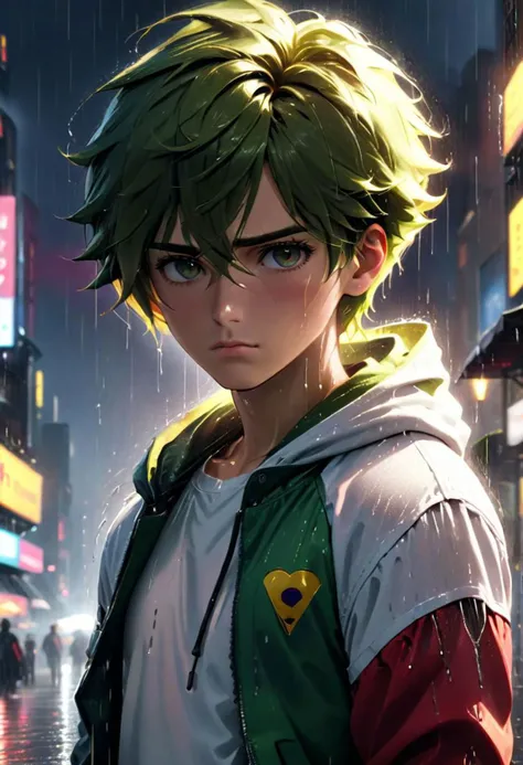 (masterpiece), ((ultra-detailed)), (highly detailed), (reallistic:1.2), hyperrealistic, octane render, dynamic lighting, intricate detail, cinematic, high resolution film still, 8k, HDR colors, high resolution photograph, cool face , sad boy, rain city background, white shirt hoodie, face focus, ultra high res, best quality, love sick