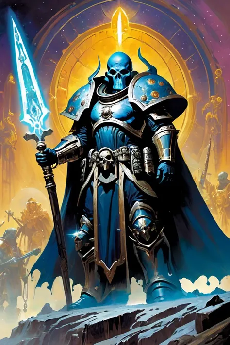 (Groundbreaking Digital Artwork:1.3) of (Detailed illustration:1.3) of (Warhammer 40k:1.3), Genestealer Cult Magus, Esoteric robes concealing alien features, a psychic staff, and a commanding presence over hybrids, (art by Simon Bisley:1.5) and (art by Frank Frazetta:1.4)