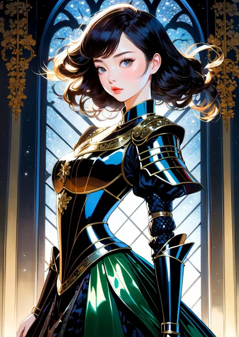1 mature sexy female, dress, armor, Victoria era  rusty dark room dim light (night, aurora:1.1),   oblique light, Transparent of light detailed background, items, masterpiece, best quality,  , absurdres,  (intricate details, hyperdetailed, full body, perspective from below), good anatomy
(art by
  Harumi Hironaka, Ayami Kojima)