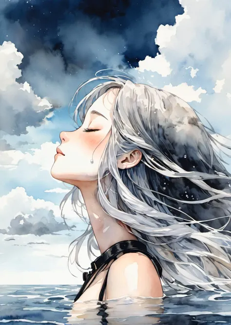 (1girl:0.4)(bare_shoulders:0.8)(black_headwear:0.5)(closed_eyes:0.9)(cloud:0.8)(from_side:0.2)(long_hair:0.7)(outdoors:1)(partially_submerged:0.3)(profile:0.2)(sky:1.1)(solo:0.8)(upper_body:0.5)(water:0.9)(white_hair:0.8), watercolor, absurdres, highres, ultra detailed