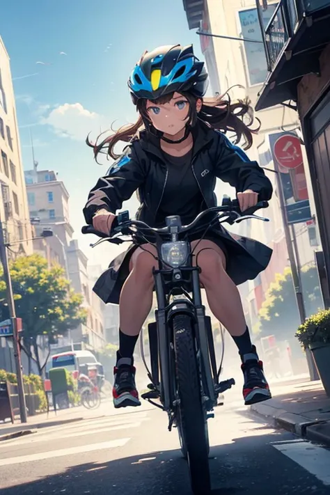 (masterpiece), best quality, expressive eyes, perfect face, ((masterpiece, best quality)), bike, dynamic composition, girl riding a bike, helmet, blue sky, riding a bike, cityscape