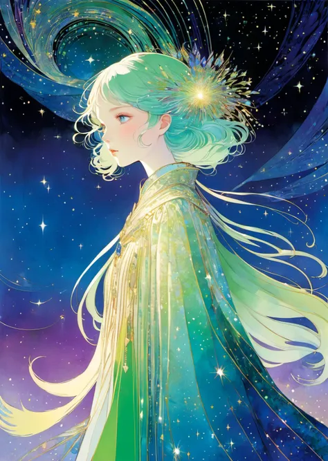1 female
casting
fantasy,
Aurora Borealis
stellar
complex background
gradient color,
detailed
(mixed material art by Chiho Aoshima Harry Clarke )