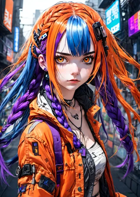 (1girl:1.1)(blue_eyes:0.2)(blue_hair:0.8)(braid:1)(brown_hair:0.3)(buckle:0.1)(contact_lens:0.2)(cyberpunk:0.6)(fingerless_gloves:0.3)(gloves:1.2)(hair_extensions:1.1)(hair_ornament:0.2)(heterochromia:0.9)(jacket:0.6)(long_hair:0.3)(looking_at_viewer:0.1)(midriff:0.4)(multicolored_hair:1.1)(navel:0.2)(open_clothes:1.1)(open_jacket:0.6)(open_mouth:0.7)(orange_hair:1)(parted_lips:0.1)(purple_eyes:1)(purple_hair:0.8)(short_hair:0.1)(sidelighting:0.6)(solo:0.7)(strapless:0.4)(streaked_hair:0.5)(tube_top:0.2)(twin_braids:0.5)(two-tone_hair:0.7)(v-shaped_eyebrows:0.7)(very_long_hair:1.1), ink wash, absurdres, highres, ultra detailed