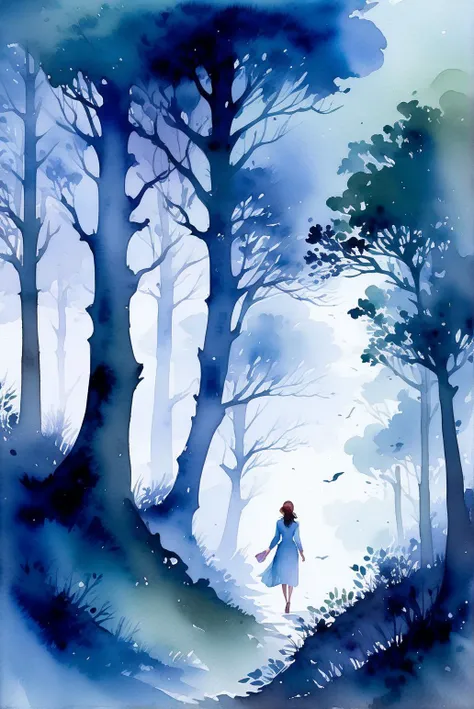 a woman walking through a misty moonlit forest. (watercolor:1.5)