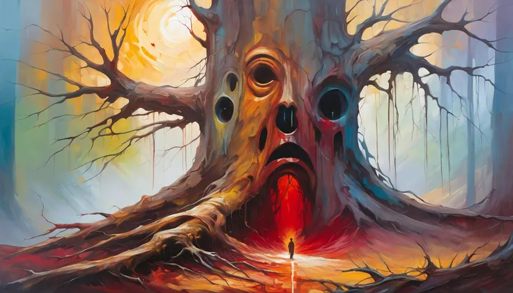 Acrylic Painting a vivid scifi illustration of fantastical surrealism DonMX3n0XL, nightmare organic Multi-eyed evil toilet of death, horror,
rocky desert, deep canyon, dry tree, fear, blood, hatred,
in style of ZdzisBaw BeksiDski, Jacek Yerka
<lora:DonMX3n0XL:0.5> <lora:abysues:0.5> abysues, abx <lora:ral-dissolve0.8> ral-dissolve