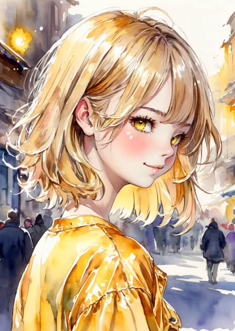 (1girl:0.2)(ass:0.5)(blonde_hair:0.4)(blush:0.7)(hair_ornament:1)(looking_back:0.1)(shiny_clothes:1.1)(short_hair:0.7)(skindentation:1.1)(smile:0.4)(solo:1.1)(yellow_eyes:1.1), watercolor, absurdres, highres, ultra detailed