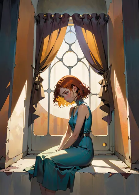 1 woman 
sad
sit
round window
rusty chamber
shadow
dramatic lighting 
by Dave McKean