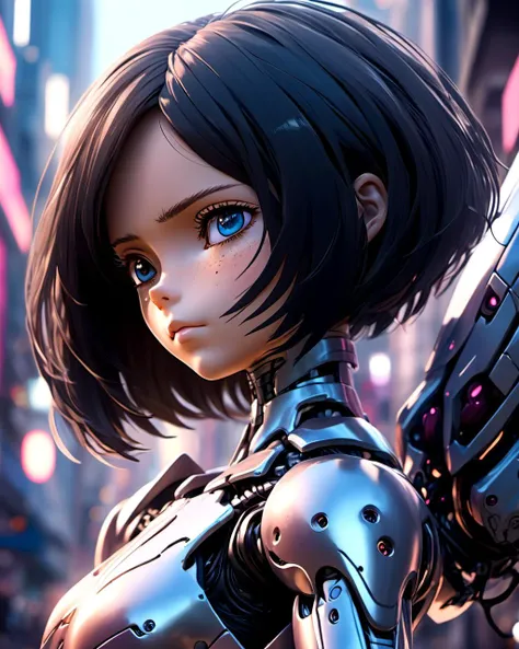 closeup shot of a cyborg, battle angel alita, ,  sci-fi streets, kawaii
(realistic, bokeh, depth of field, analog style)
from below  dramatic lighting 
(masterpiece, best quality ),