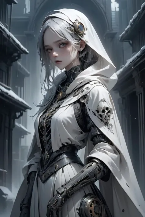 (Groundbreaking Digital Artwork:1.3) of (Detailed illustration:1.3) of ((A pale, ethereal figure with tattered robes and haunting, empty eyes. Ghostly whites, eerie grays, and dark shadows. Malevolent and haunting.:1.3)), character focus, concept art, <lora:add-detail-xl:.5>, <lora:mecha-000009 (1):0.6> mechanical style, solo, science fiction, 1girl, <lora:cyborg_style_xl-alpha:0.6> cyborg style,CGSociety,ArtStation