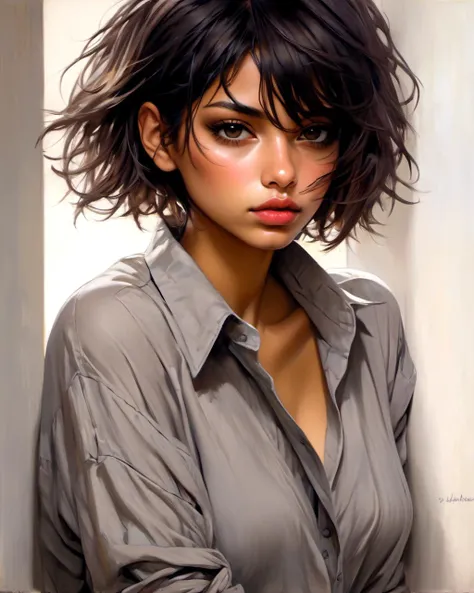 1girl , Latino, messy short hair, (( lip biting, seductive ))
oversized shirt
leaning forward
realistic,