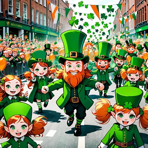 A vibrant scene from a St. Patrick's Day parade in Dublin, with performers dressed as leprechauns and fairies, floats adorned with shamrocks and Celtic symbols, and the crowd cheering and waving Irish flags., (chibi)
<lora:offset_0.2:1> <lora:more_details:1>