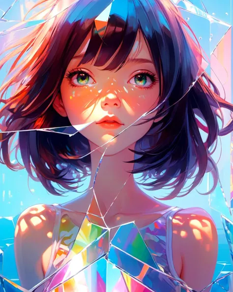 1girl kawaii, full body
reflections, shattered glass
colorful rays,
(masterpiece, best quality, by Ilya Kuvshinov)