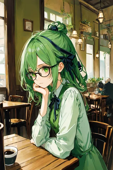 {best quality}, {{masterpiece}}, {highres}, original, {ultra-detailed},
cafe,
ink sketch, ink rendering,  (delicate),(alternate hairstyle), graceful,
cafe,
((mature female)),middle-aged man, detailed face,detail eyes, detailed hair, graceful, green hair, (dark persona),  green eyes, ribbon, glasses, long hair, looking back, looking at viewer, clear face, expressionless,