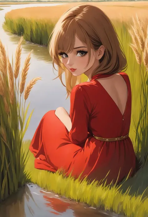 1girl, beautiful woman, beautiful face, red dress, close up, she is sitting on grass near water river and rye field