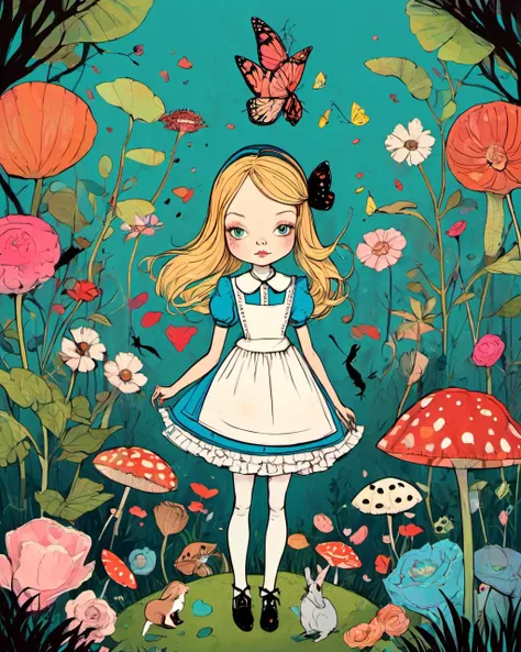 (1girl:1.3), kawaii
alice in wonderland
(art by Amy Earles )
absurdres, highres, ultra detailed, bold contrasts, flat colors, modern aesthetic