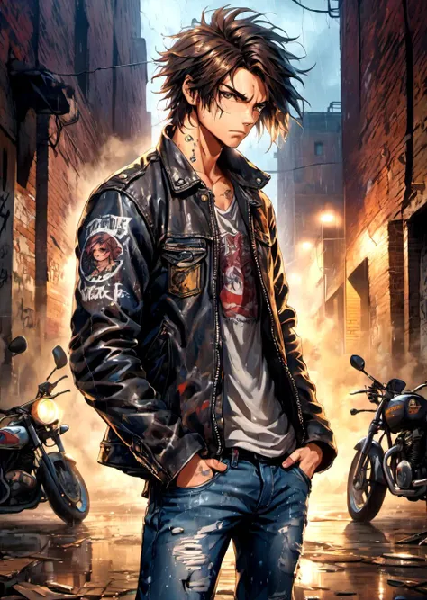 absurdres, highres, ultra detailed, 1 person, male, rugged appearance, messy hair, leather jacket, torn jeans, motorcycle, abandoned warehouse, graffiti, brick walls, dimly lit, smoke, dramatic lighting, moonlight, shadows, raindrops, wet pavement, urban decay, broken glass, reflection, intense stare, clenched fists, tattoos, stubble, determination
