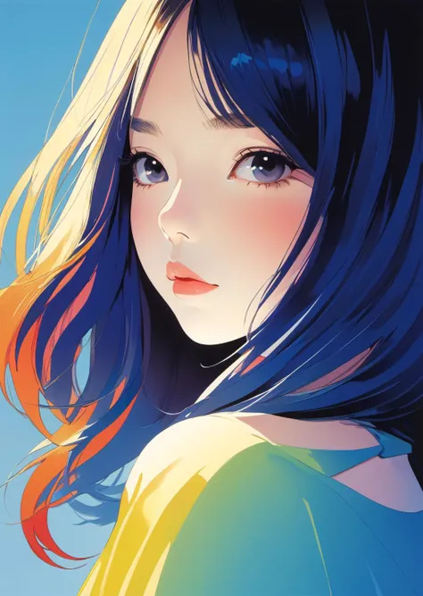 1girl,
cleavage
Over the Shoulder
gradient color, shadow
detailed
(art by Chiho Aoshima)