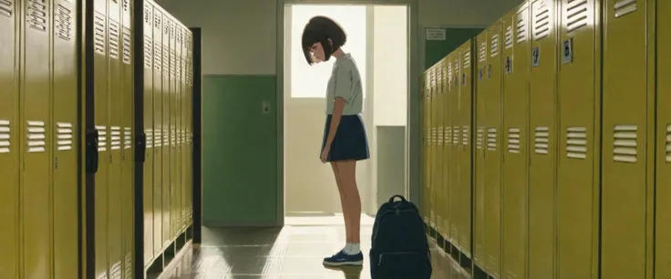 teen girl with short hair putting on her shoes, in front of japanese school lockers, open doors in background, (summer day:0.5)