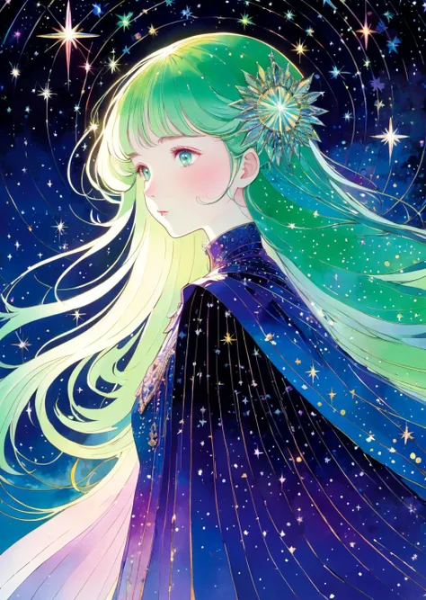 1 female
Aurora Borealis
stellar
complex background
gradient color,
detailed
(art by Chiho Aoshima Harry Clarke )