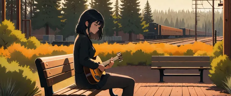 Cinematic view of a girl with black hair playing a guitar, sitting on a park bench at a trainyard, pine trees in background, oregon, landscape, calming, orange hue, detailed