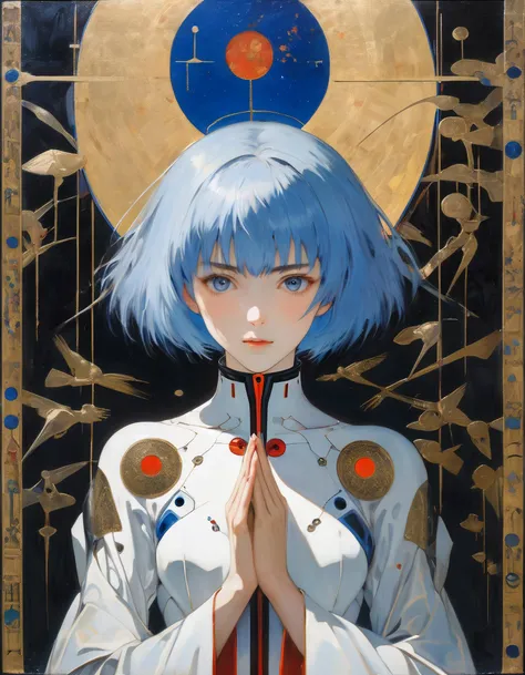 (orthodox painting, white latex jumpsuit clothing,blue short hair, Rei Ayanami \(Neon genesis evangelion)\, saint,sacred painting,showing two fingers, beauty detailed face,relief expression,((painting by Simone Martini and gustav klimt,gothic art, sienese school)), ((high quality:1.2, masterpiece:1.2))