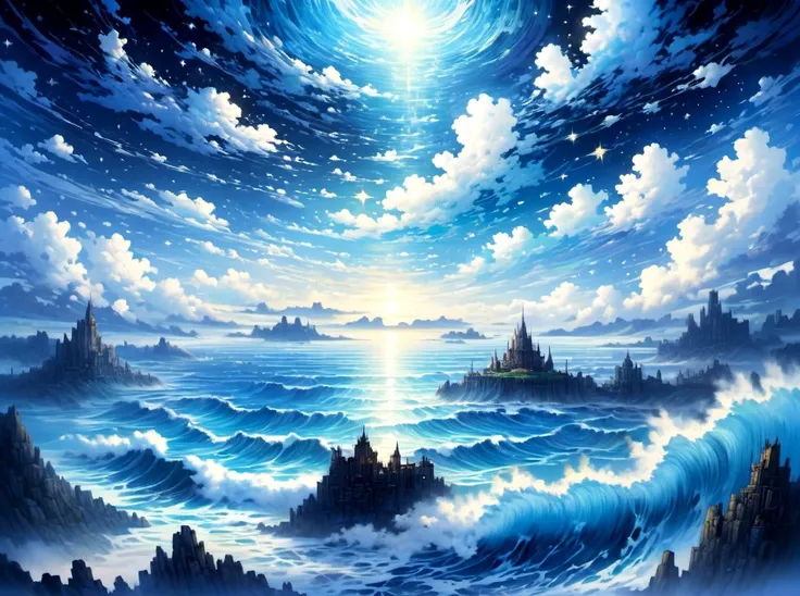 In this breathtaking masterpiece, a high-quality oil painting captures a mesmerizing landscape from an elevated perspective. The image showcases a vast expanse of cloudy seas, devoid of any human presence. The sky is an enchanting fake, with multiple stars gracefully descending from above. As the stars fall, they take the form of floating star shapes, gracefully descending towards a broken ground. Amidst this ethereal scene, a kingdom rests upon an island that floats in the air, powered by a magnificent mechanical power plant. (67)