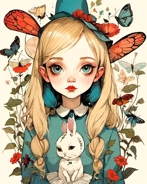 (1girl:1.3), kawaii
alice in wonderland
(art by Amy Earles )
absurdres, highres, ultra detailed, bold contrasts, flat colors, modern aesthetic