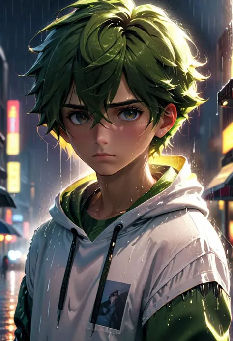 (masterpiece), ((ultra-detailed)), (highly detailed), (reallistic:1.2), hyperrealistic, octane render, dynamic lighting, intricate detail, cinematic, high resolution film still, 8k, HDR colors, high resolution photograph, cool face , sad boy, rain city background, white shirt hoodie, face focus, ultra high res, best quality, love sick