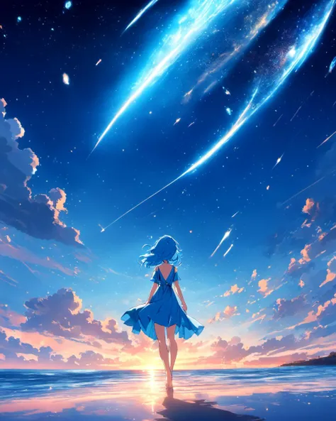 anime artwork 1girl, gorgeous, delicate, blue hair, wearing light blue dress, barefoot, looking up into sky, standing in sea, perfect face, beautiful eyes, sky is galaxy and stars, twilight, shooting meteorites, longing . anime style, key visual, vibrant, studio anime, highly detailed