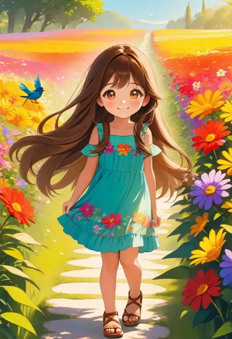 A cute adorable girl, with long hair, brown eyes, with cute dress and sandals, shy, smiling at you, hugs you, in a landscape of colorful, vivid and vibrant flowers in sunny weather with little birds.