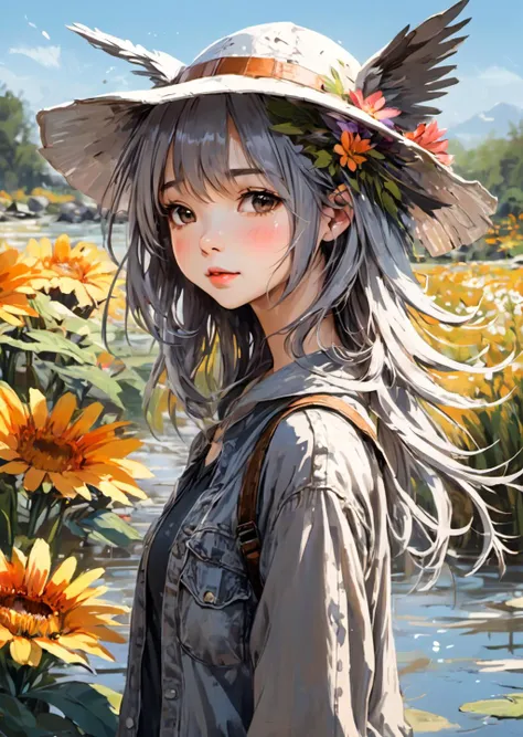 (1girl:0.7)(flower:1.2)(grey_hair:0.7)(hat:0.5)(head_wings:1)(navel:0.1)(outdoors:1.2)(solo:0.8)(sun_hat:0.2)(water:0.5)(wings:0.4), expressive brush strokes, absurdres, highres, ultra detailed