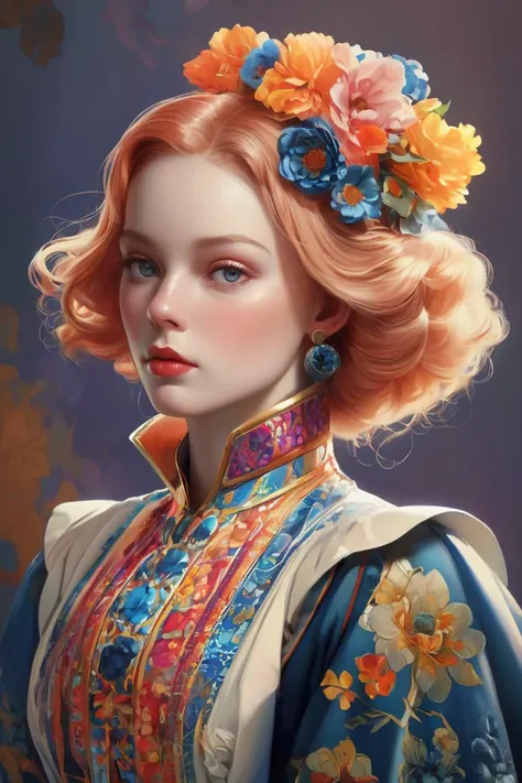(Sophisticated Digital Artwork:1.3) of (Detailed illustration:1.3) of ((An android artist with expressive features, creative attire, and a palette of colors. Artistic hues, creative patterns, and expressive glows. Artistic and imaginative.:1.3)),(by Artist Charles Adams:1.3),(by Artist Mary Jane Ansell:1.3),CGSociety,ArtStation