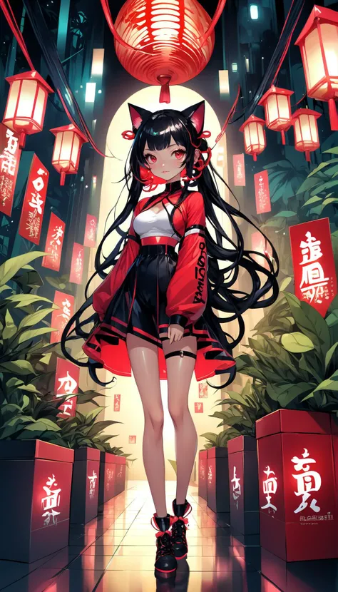 anime style, medium breasts, hourglass figure, narrow waist,  (exceptional Otaku:1.3) cute catgirl, full body, cameltoe, [:outlandish, intricate costume design,:0.2], official art, caucasian,  red lighting , in the glowing, imaginary jungle, bombshell hair, glowing black hair, Box Braids,half updo, head rest<lora:EnvyCuteXL03:1>