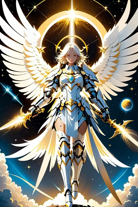 (Groundbreaking Digital Artwork:1.3) of (Detailed illustration:1.3) of ((Angelic predators with radiant wings and celestial weaponry. Color palette: Heavenly whites, golden halos, and divine glows. Mood: Majestic and celestial:1.3)), character focus, concept art, <lora:add-detail-xl:.5>, <lora:mecha-000009 (1):0.4> mechanical style, solo, science fiction, <lora:cyborg_style_xl-alpha:0.4> cyborg style,CGSociety,ArtStation, <lora:EnvyCyborgXL01:0.4>, <lora:FaeTastic2:.5>