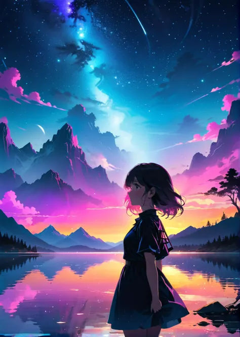 silhouette of 1girl standing gracefully by a serene lake at midnight