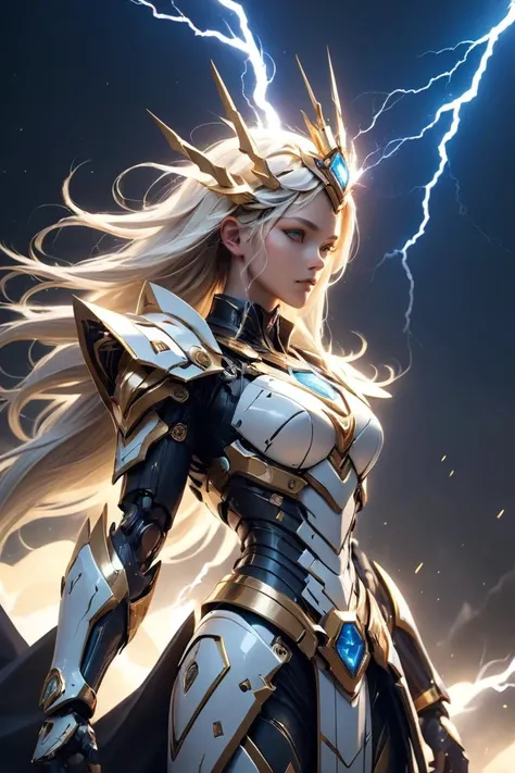 (Groundbreaking Digital Artwork:1.3) of (Detailed illustration:1.3) of ((A majestic god with a lightning crown, wielding a thunderbolt. Regal golds, celestial blues, and electrifying whites. Powerful and divine.:1.3)), character focus, concept art, <lora:add-detail-xl:.5>, <lora:mecha-000009 (1):0.6> mechanical style, solo, science fiction, 1girl, <lora:cyborg_style_xl-alpha:0.6> cyborg style,CGSociety,ArtStation