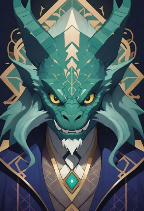 Front facing, symmetrical, Anthropomorphic dragon, in a vector art style. a humanoid wizard character with sharp, defined facial features, a stylized white beard, and hair with hints of silver, giving a sophisticated and wise look. The eyes should be accentuated with green, modern, geometrically patterned wizard suit. The suit should be intricately designed with ancient symbols yet clean, complemented by green neon. The wizard's expression is to be stern, intelligent, yet friendly, knowledgeable. shoulder-up portrait (a dark background):3, emphasizing the beautiful color palette and the minimalist vector style.