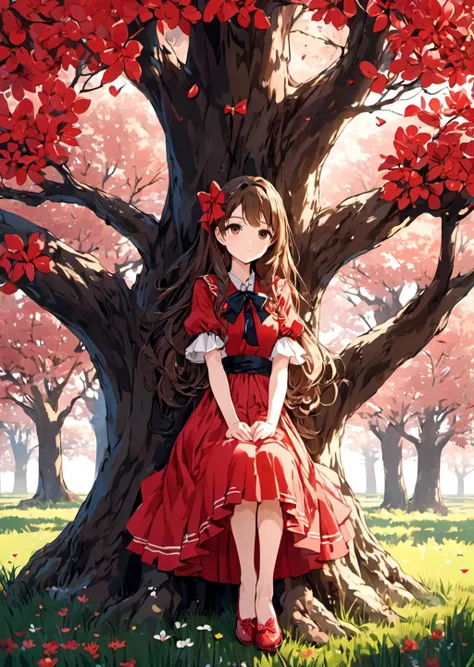 (1girl:0.2)(ascot:0.3)(bow:0.8)(brown_eyes:0.3)(brown_hair:0.2)(detached_sleeves:0.9)(hair_bow:0.3)(hair_tubes:1.1)(hand_on_own_chest:0.6)(long_hair:0.9)(looking_at_viewer:0.7)(mary_janes:1.1)(parted_lips:0.6)(petals:0.9)(red_bow:0.7)(red_skirt:1.1)(shoes:0.1)(sitting:0.4)(skirt:0.3)(skirt_set:0.9)(solo:0.9)(tree:1.2)(yokozuwari:0.3) BREAK delicate balance BREAK background of a flowers fields landscape, a flowers fields landscape environment, anime style, professional art, perfect composition, 8k, beautiful, intricate, details, absurdres, highres, ultra detailed
