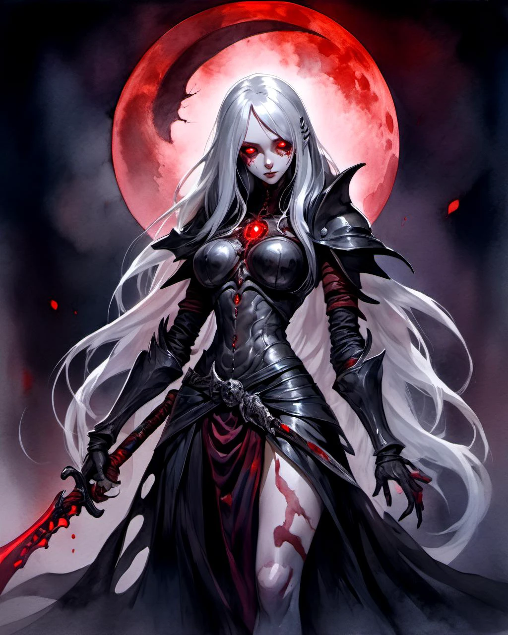 a gorgeous female human necromancer, kawaii, long silver hair, scythe , bone armor, glowing red eyes,
fantasy, dark room, dim light , blood moon, high contrast, best shadow, cinematic lighting
watercolor painting
(best quality, masterpiece)