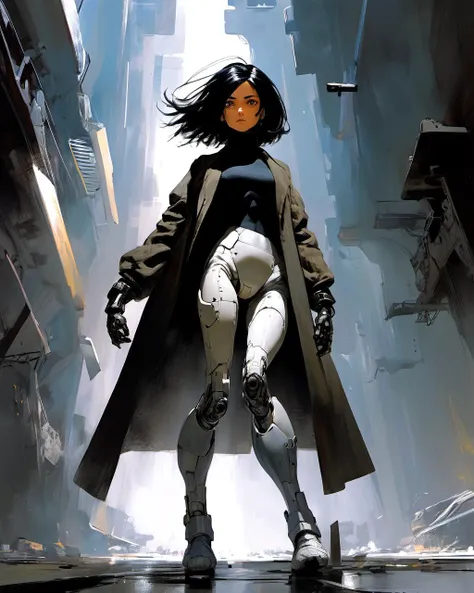 a cyborg, battle angel alita, turtle neck tight,, sci-fi streets,
long coat,
( art by ashley wood , battle stance )
from below dramatic lighting
(masterpiece, best quality ),