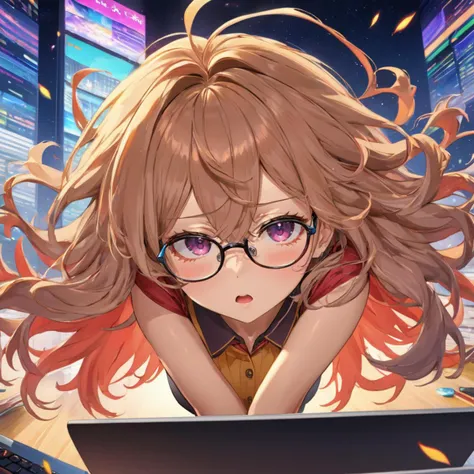 anime artwork (masterpiece,best quality, ultra realistic, 32k, detailed skin, 8k uhd, high quality:1.3), a lewd lady with long messy hair, wearing glasses and tight skirt with pantyhose, nose blush, half-closed eyes, open mouth, lying on her desk, back down, spread her legs, front view, full body, solo . anime style, key visual, vibrant, studio anime, highly detailed