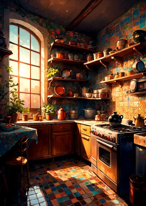 absurdres, highres, ultra detailed, (main focus:1.3),(vivid colors:1.2),(High contrast:1.2),(Rich textures:1.1),(Dark shadows:1.1),(Ethereal atmosphere:1.1),<playfair:PlayfairDisplay_v12:0.8>, warm lighting,(indoors:1.2),(facing the window:1.3), cozy kitchen,coffee mug,floral wallpaper,dusty bookshelf,flickering candle,old vintage radio,Copper pots,Kitchen counter,(Mosaic tile floor:1.2),rainy day, AI is SB