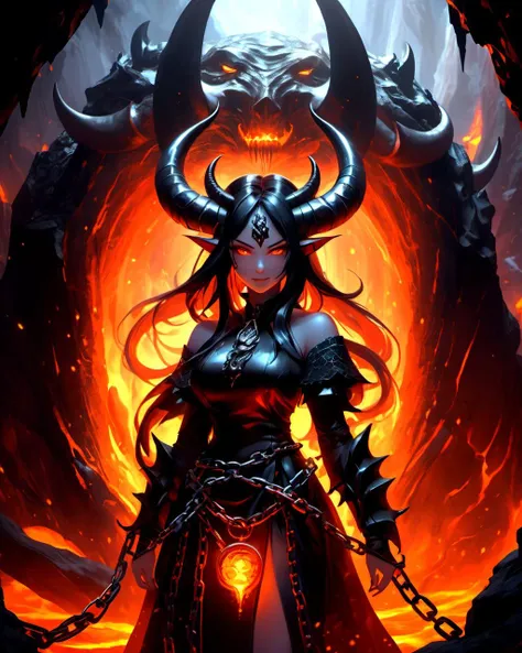 a beautiful demon girl
black horn, closeup, detailed
chained on the wall
glowing seals , rituals,
lava
cave
melted
(best quality, masterpiece, concept art, )