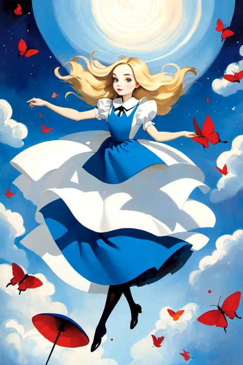 poster of 1 young woman, floating in the sky
alice in wonderland , blonde
blue dress,white apron , stocking
(masterpiece, best quality, art by Bill Carman)